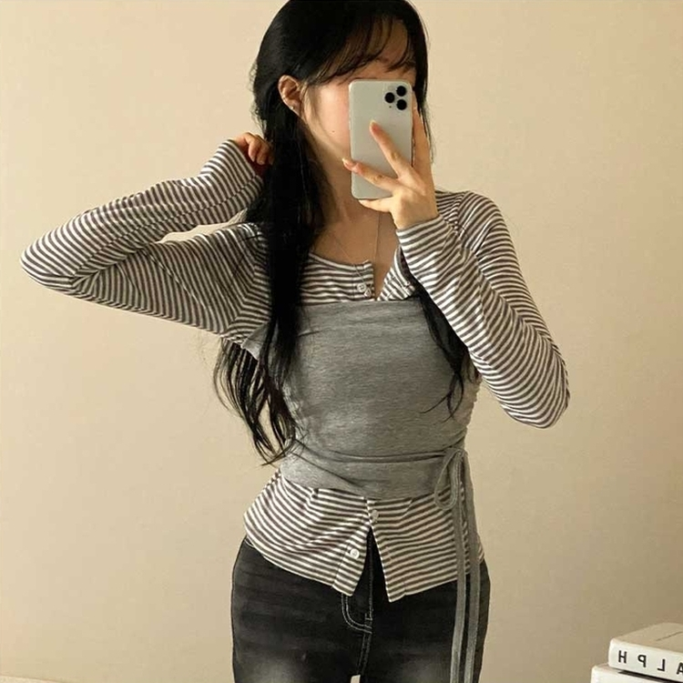 【SET】ボーダーカーディガン シアリングラップトップ MERANGE GRAY