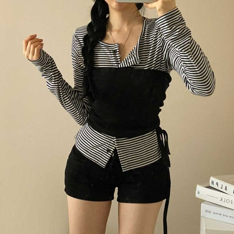 【SET】ボーダーカーディガン シアリングラップトップ BLACK