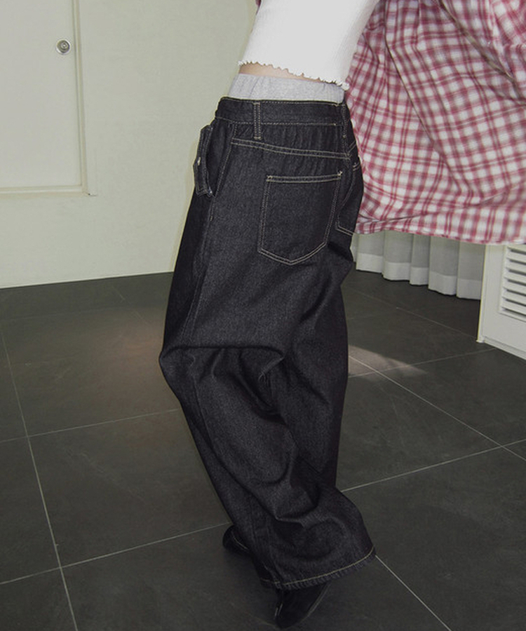 バンディングワイドデニムパンツ DEEP DENIM