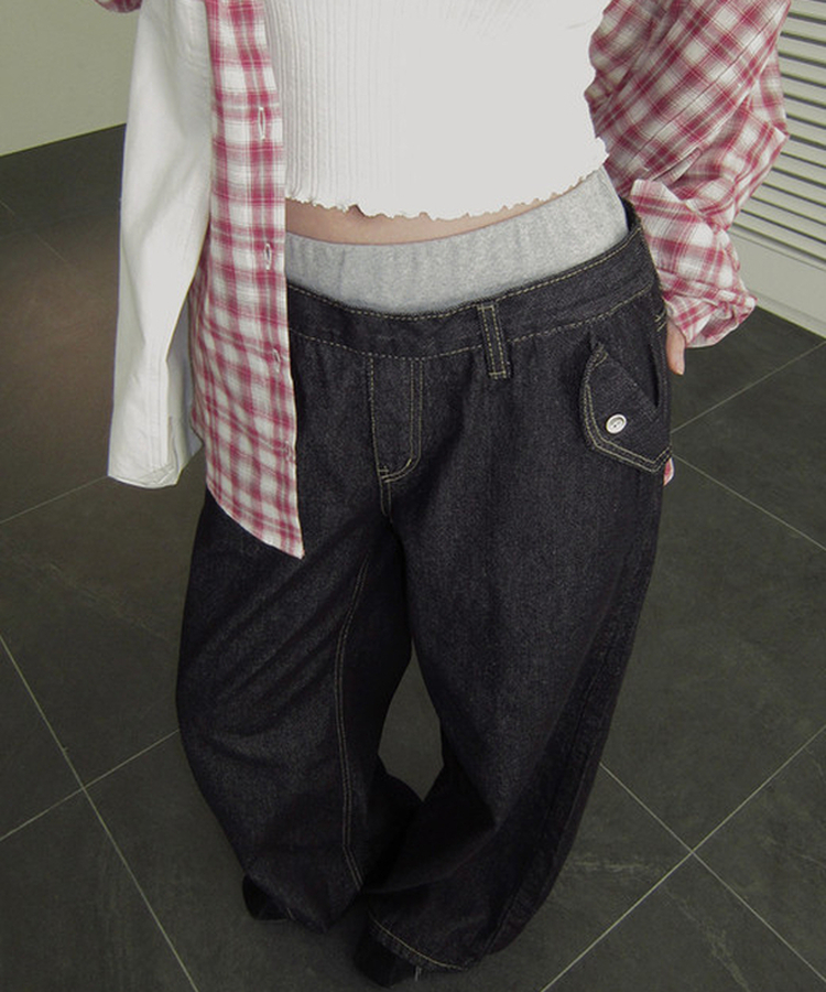 バンディングワイドデニムパンツ DEEP DENIM