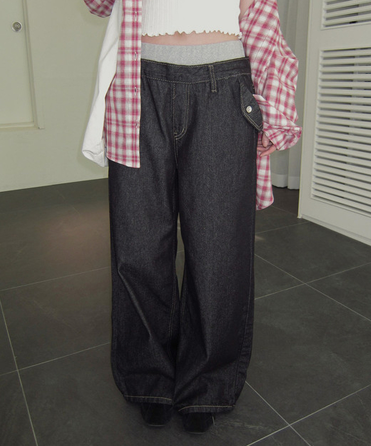 バンディングワイドデニムパンツ DEEP DENIM