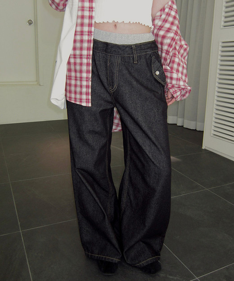 バンディングワイドデニムパンツ DEEP DENIM