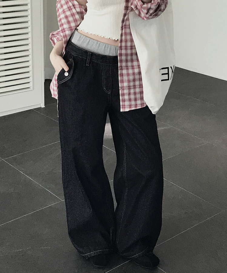 バンディングワイドデニムパンツ DEEP DENIM