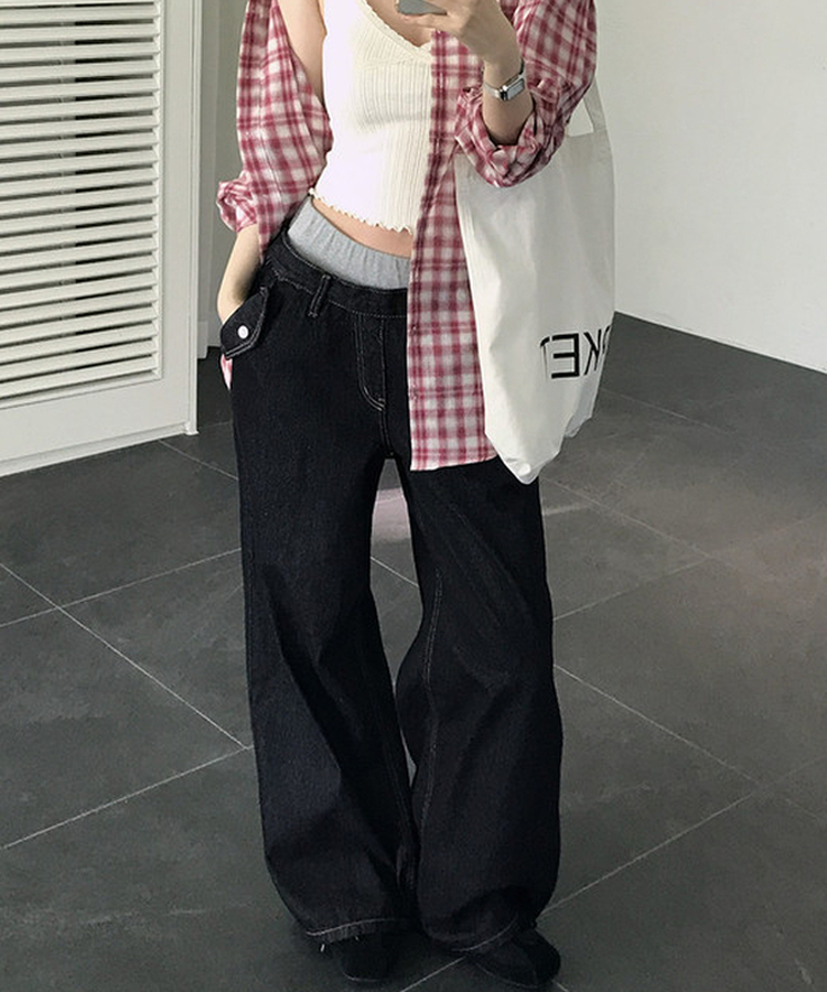 バンディングワイドデニムパンツ DEEP DENIM