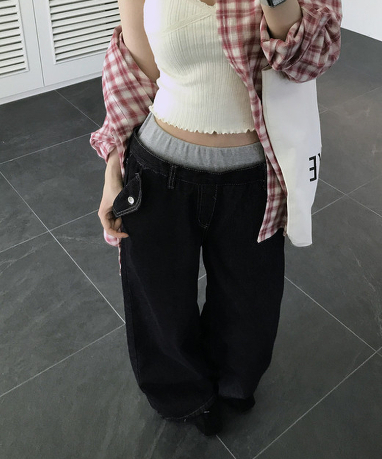 バンディングワイドデニムパンツ DEEP DENIM