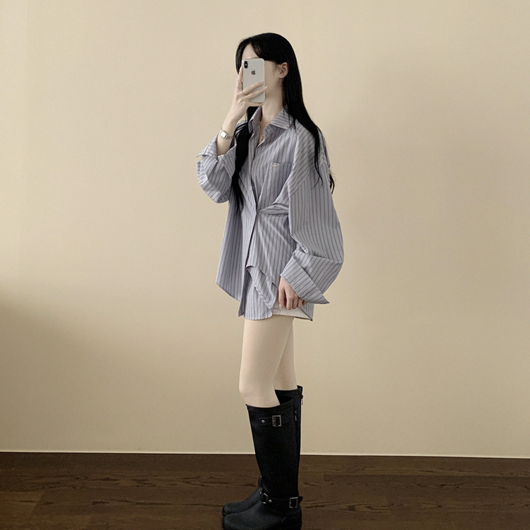 펜던트 사이드버튼 스트라이프 왕오버핏 셔츠 빅사이즈 봄신상 블루