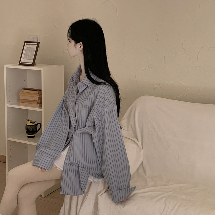 펜던트 사이드버튼 스트라이프 왕오버핏 셔츠 빅사이즈 봄신상 블루