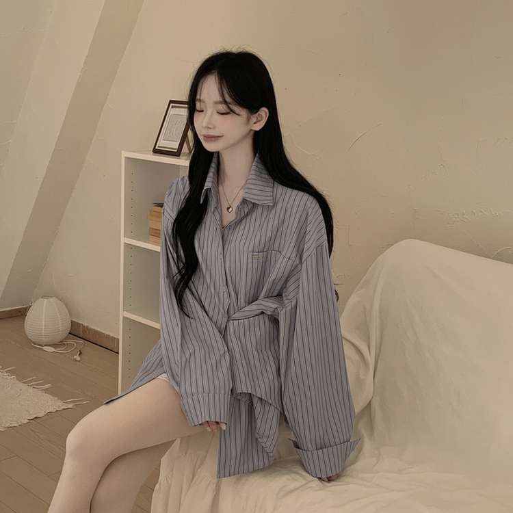 펜던트 사이드버튼 스트라이프 왕오버핏 셔츠 빅사이즈 봄신상 블루