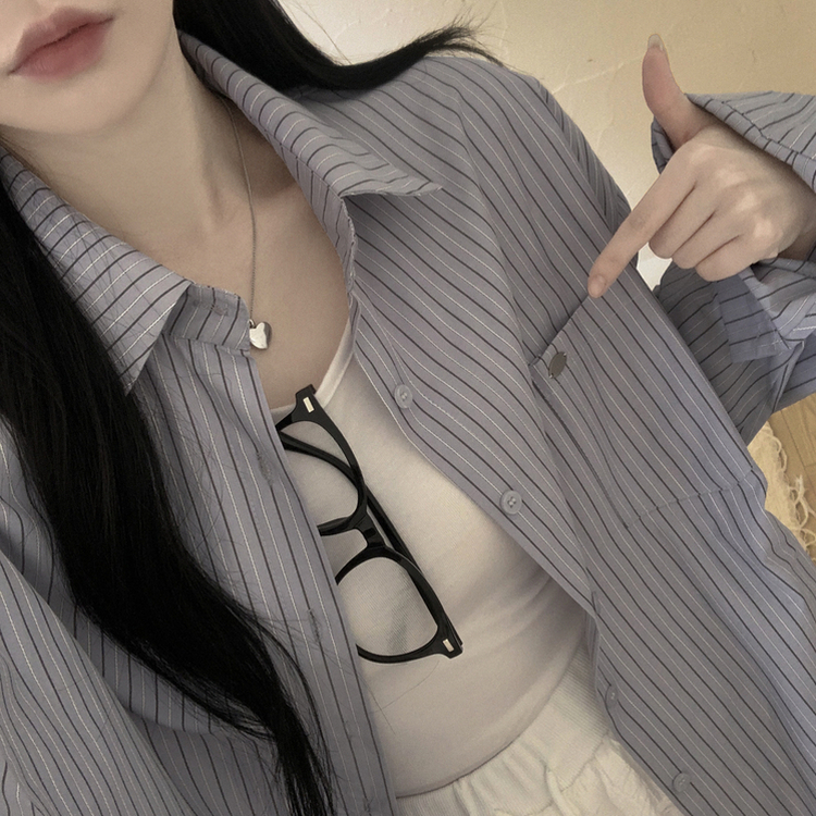 펜던트 사이드버튼 스트라이프 왕오버핏 셔츠 빅사이즈 봄신상 블루