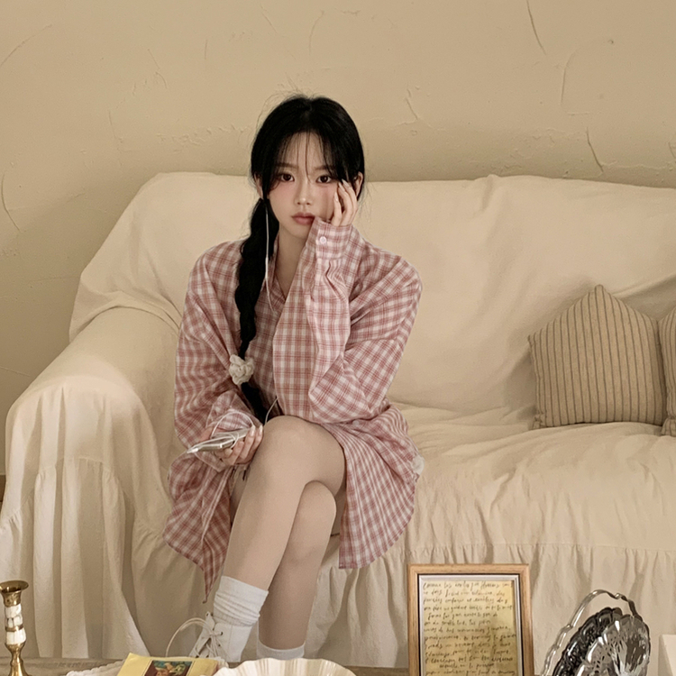 벚꽃룩 핑크 체크 사이드 옆버튼 왕오버핏 긴팔 셔츠 남방 봄코디 봄셔츠 캠퍼스룩 빅사이즈 핑크