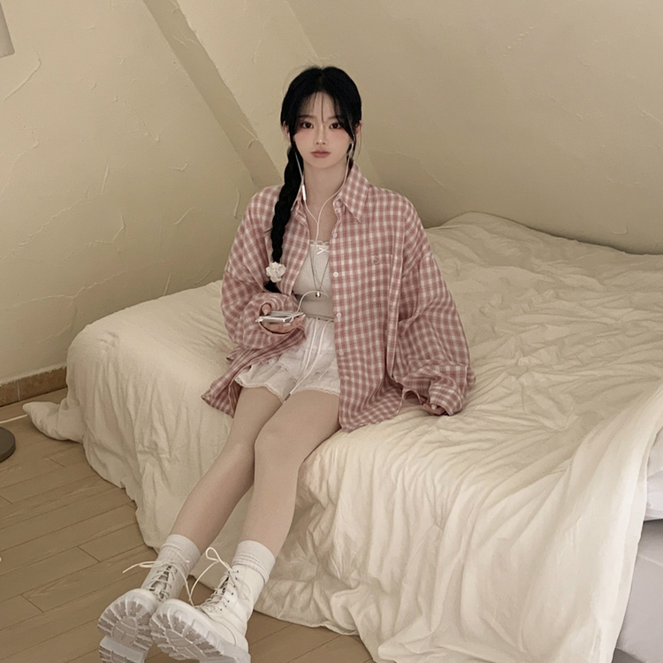 벚꽃룩 핑크 체크 사이드 옆버튼 왕오버핏 긴팔 셔츠 남방 봄코디 봄셔츠 캠퍼스룩 빅사이즈 핑크