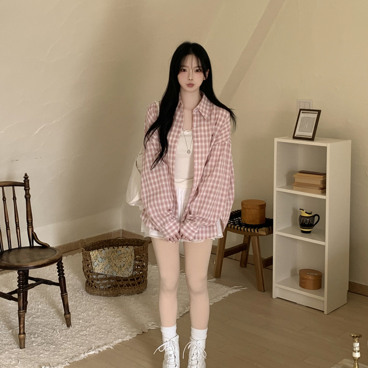 벚꽃룩 핑크 체크 사이드 옆버튼 왕오버핏 긴팔 셔츠 남방 봄코디 봄셔츠 캠퍼스룩 빅사이즈 핑크
