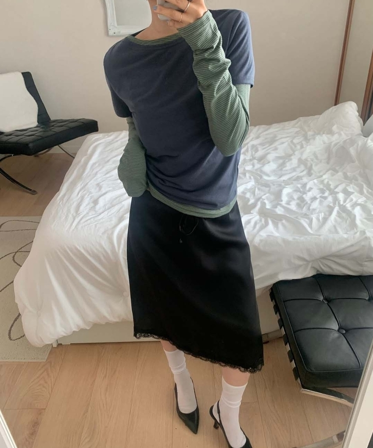 サテンレースミディスカート BLACK