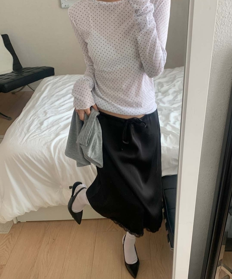 サテンレースミディスカート BLACK