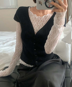 【SET】パンチング半袖カーディガン レーストップス BLACK