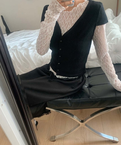 【SET】パンチング半袖カーディガン レーストップス BLACK