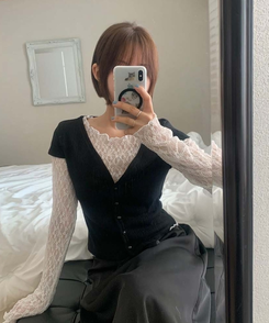 【SET】パンチング半袖カーディガン レーストップス BLACK