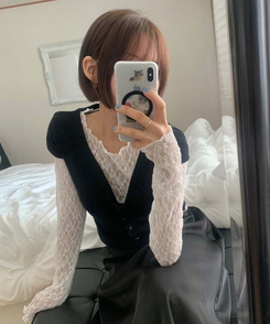 【SET】パンチング半袖カーディガン レーストップス BLACK