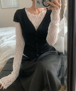 【SET】パンチング半袖カーディガン レーストップス BLACK