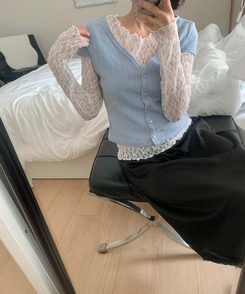 【SET】パンチング半袖カーディガン レーストップス SKY BLUE