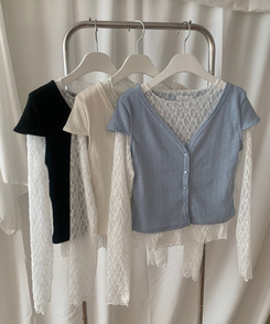 【SET】パンチング半袖カーディガン レーストップス