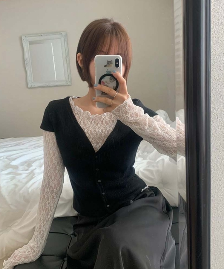 【SET】パンチング半袖カーディガン レーストップス BLACK