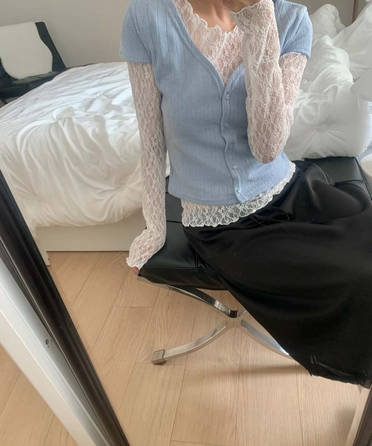 【SET】パンチング半袖カーディガン レーストップス SKY BLUE