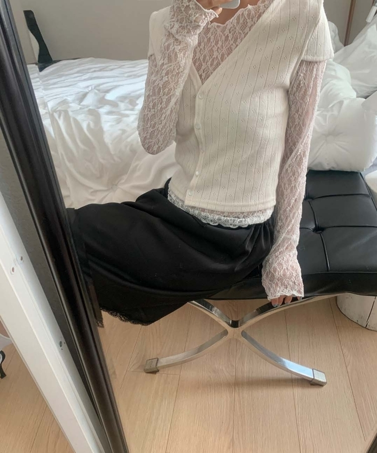 【SET】パンチング半袖カーディガン レーストップス IVORY