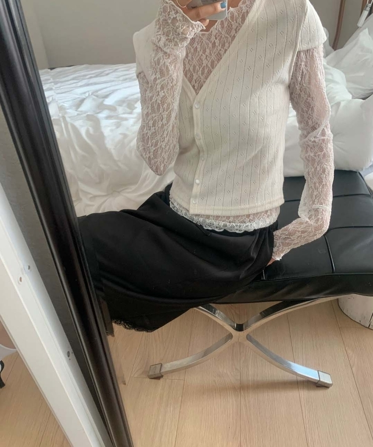 【SET】パンチング半袖カーディガン レーストップス IVORY