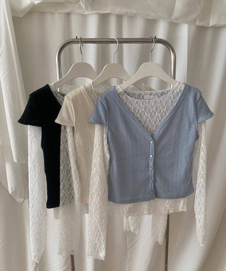 【SET】パンチング半袖カーディガン レーストップス