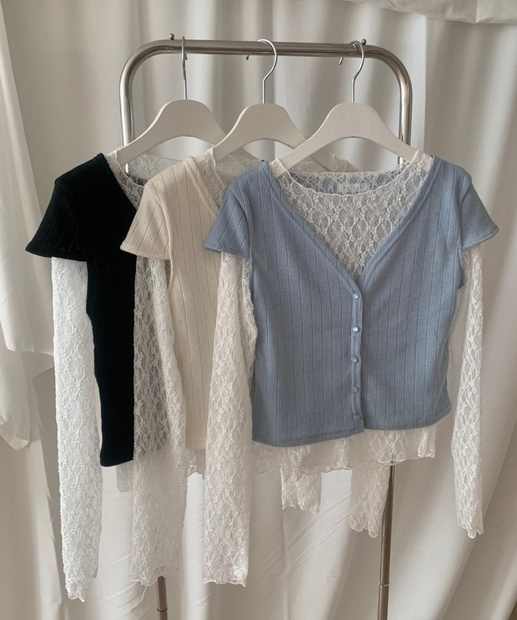 【SET】パンチング半袖カーディガン レーストップス