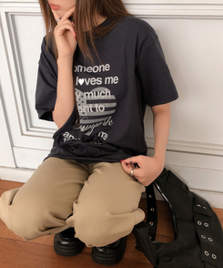 ハートレタリングプリント半袖Tシャツ NAVY