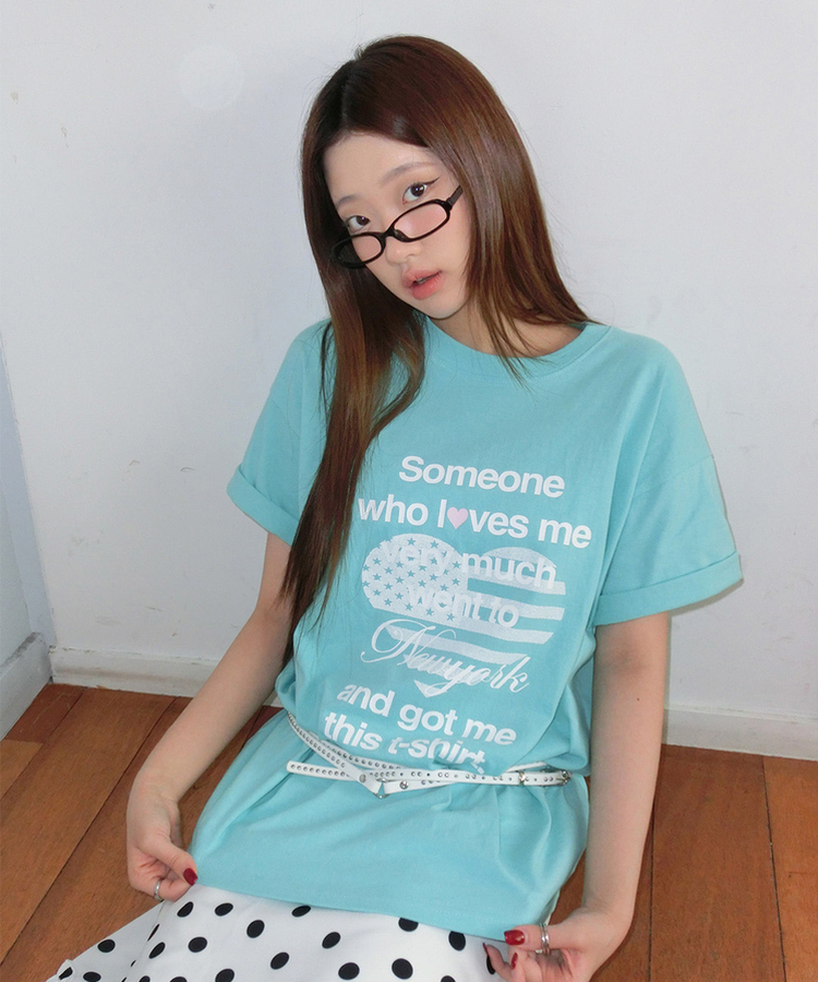 ハートレタリングプリント半袖Tシャツ BLUE