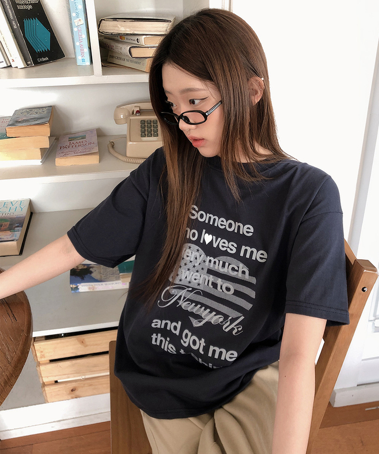 ハートレタリングプリント半袖Tシャツ NAVY