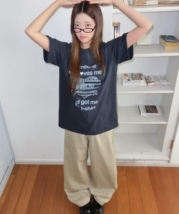 ハートレタリングプリント半袖Tシャツ NAVY