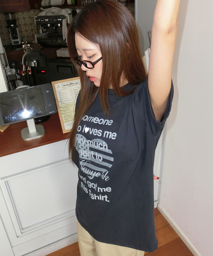 ハートレタリングプリント半袖Tシャツ NAVY