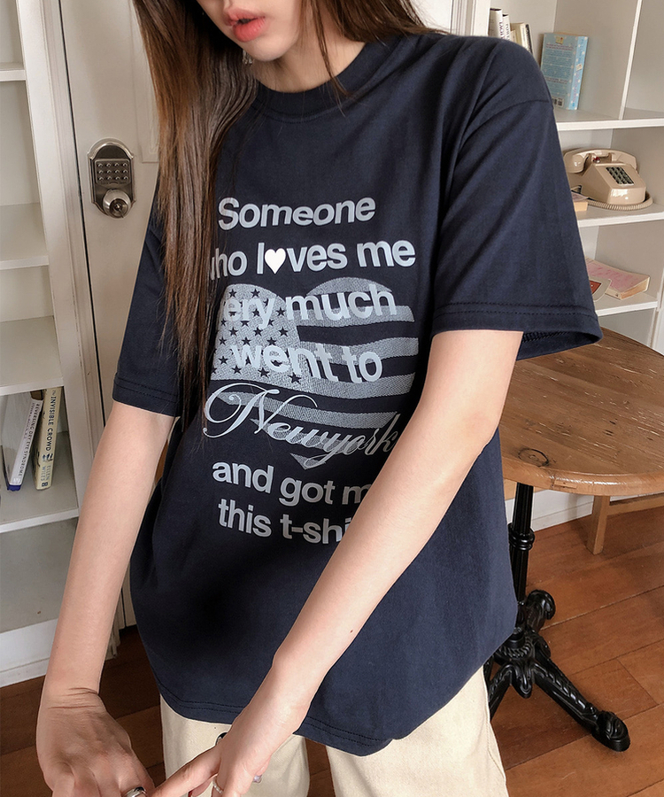 ハートレタリングプリント半袖Tシャツ NAVY