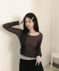 シースルーレイヤード長袖Tシャツ(11color) BROWN