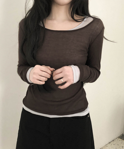 シースルーレイヤード長袖Tシャツ(11color) BROWN