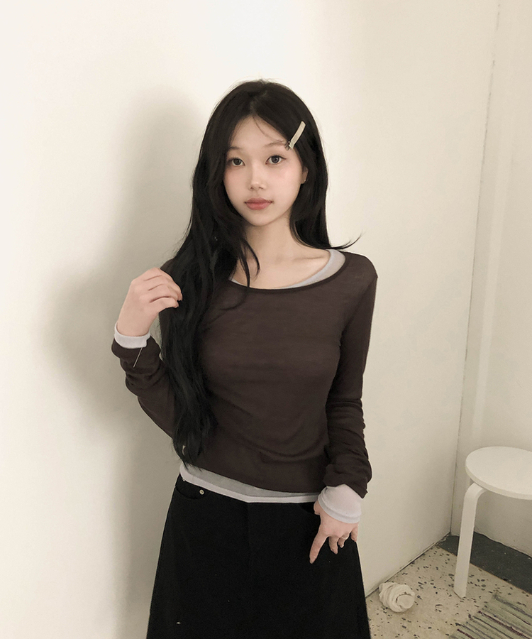 シースルーレイヤード長袖Tシャツ(11color) BROWN