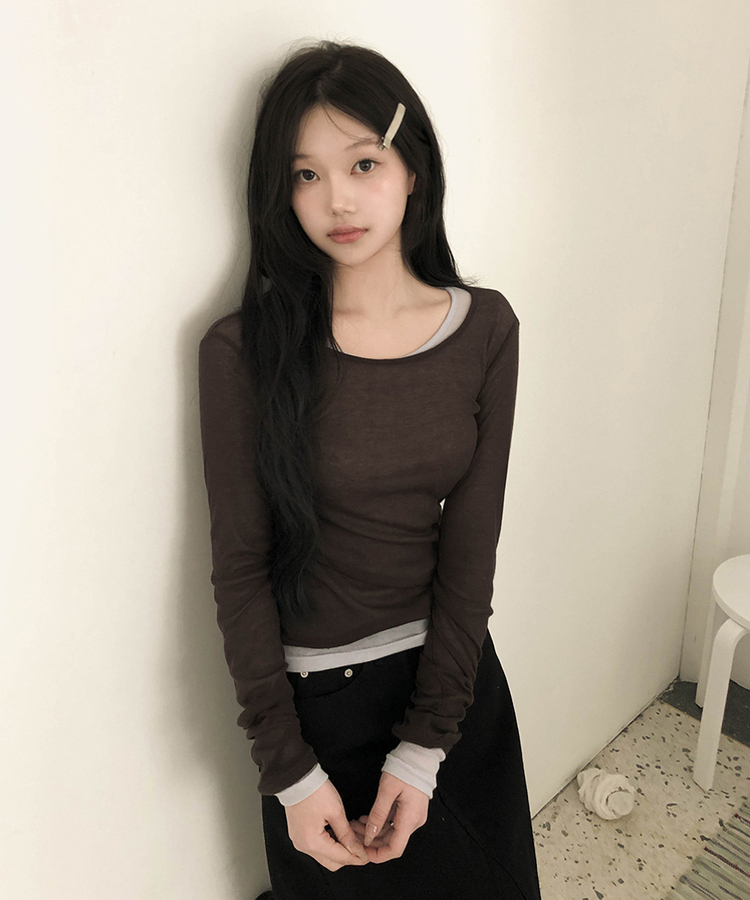 シースルーレイヤード長袖Tシャツ(11color) BROWN