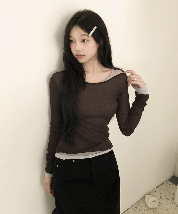 シースルーレイヤード長袖Tシャツ(11color) BROWN