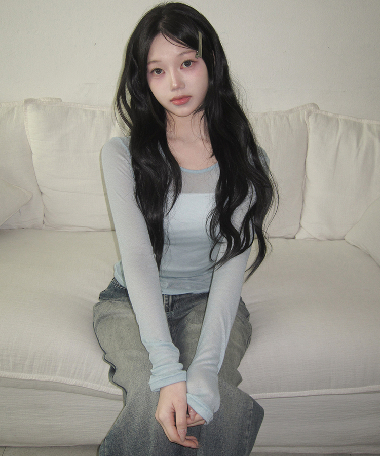 シースルーレイヤード長袖Tシャツ(11color) SKY BLUE