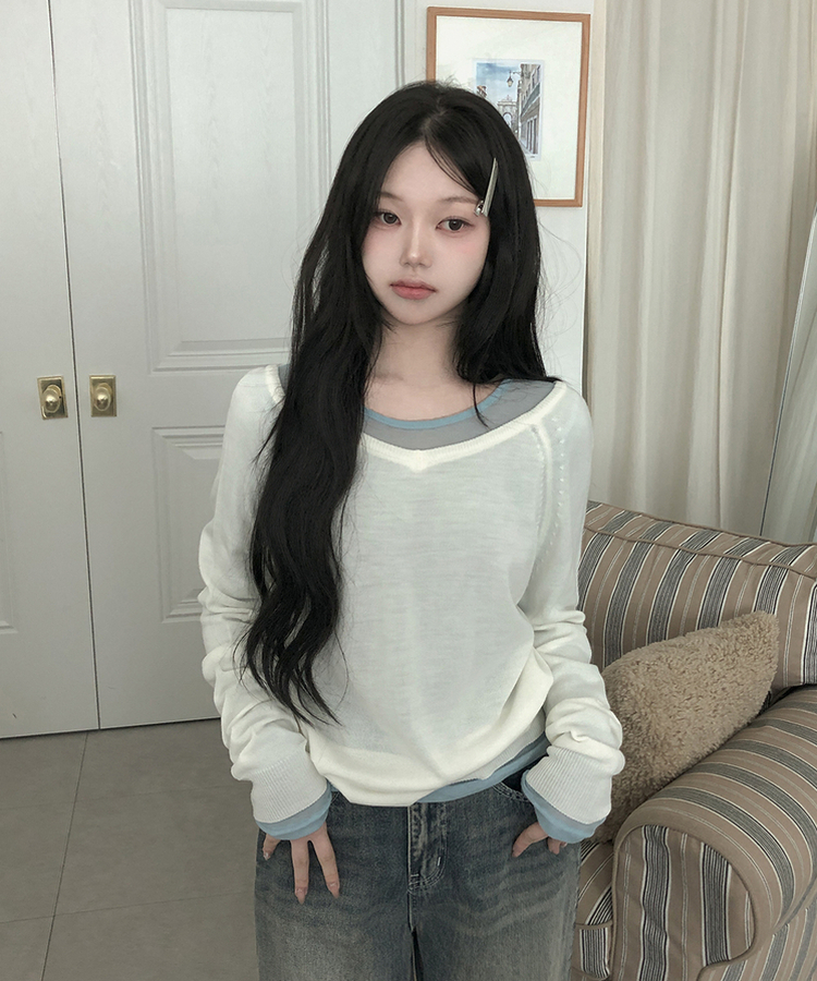 シースルーレイヤード長袖Tシャツ(11color) SKY BLUE