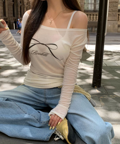 オフショルダーシースルーTシャツ IVORY