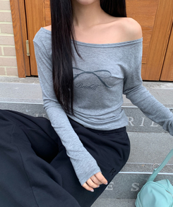 オフショルダーシースルーTシャツ GREY