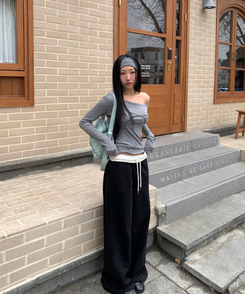 オフショルダーシースルーTシャツ GREY