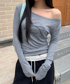 オフショルダーシースルーTシャツ GREY