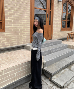 オフショルダーシースルーTシャツ GREY