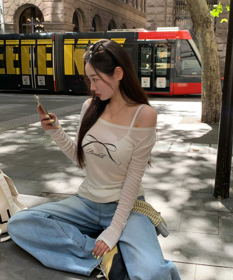 オフショルダーシースルーTシャツ IVORY